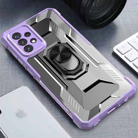 Silikon Hülle Handyhülle und Kunststoff Schutzhülle Hartschalen Tasche mit Magnetisch Fingerring Ständer J02S für Samsung Galaxy A72 4G Violett