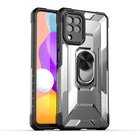 Silikon Hülle Handyhülle und Kunststoff Schutzhülle Hartschalen Tasche mit Magnetisch Fingerring Ständer J02S für Samsung Galaxy M22 4G Schwarz