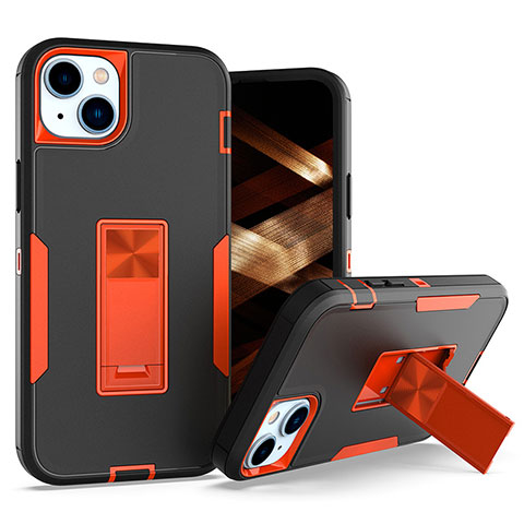 Silikon Hülle Handyhülle und Kunststoff Schutzhülle Hartschalen Tasche mit Magnetisch Fingerring Ständer J03S für Apple iPhone 15 Orange