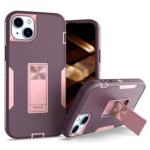 Silikon Hülle Handyhülle und Kunststoff Schutzhülle Hartschalen Tasche mit Magnetisch Fingerring Ständer J03S für Apple iPhone 15 Plus Violett