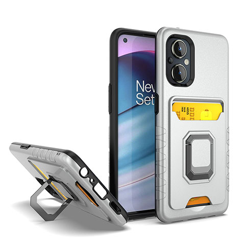 Silikon Hülle Handyhülle und Kunststoff Schutzhülle Hartschalen Tasche mit Magnetisch Fingerring Ständer J03S für Oppo A96 5G Silber