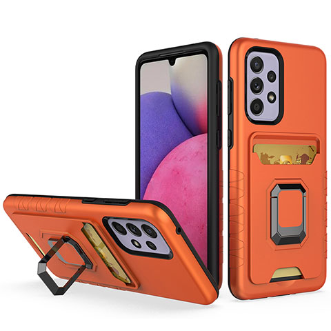 Silikon Hülle Handyhülle und Kunststoff Schutzhülle Hartschalen Tasche mit Magnetisch Fingerring Ständer J03S für Samsung Galaxy A33 5G Orange