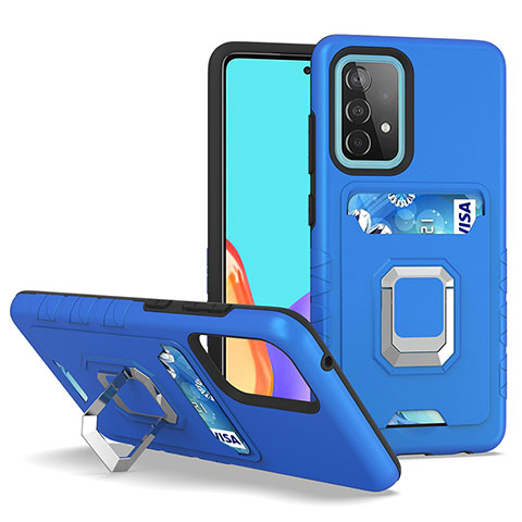 Silikon Hülle Handyhülle und Kunststoff Schutzhülle Hartschalen Tasche mit Magnetisch Fingerring Ständer J03S für Samsung Galaxy A52 4G Blau