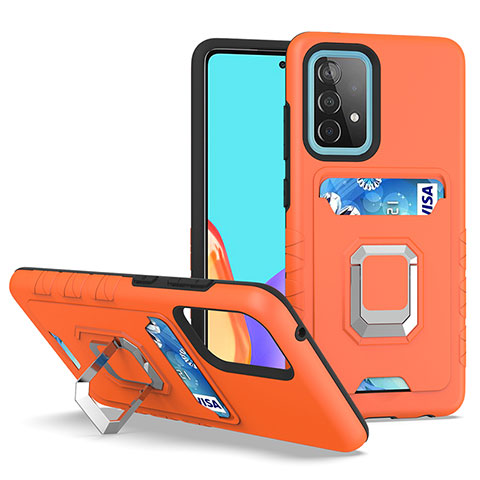 Silikon Hülle Handyhülle und Kunststoff Schutzhülle Hartschalen Tasche mit Magnetisch Fingerring Ständer J03S für Samsung Galaxy A52 5G Orange