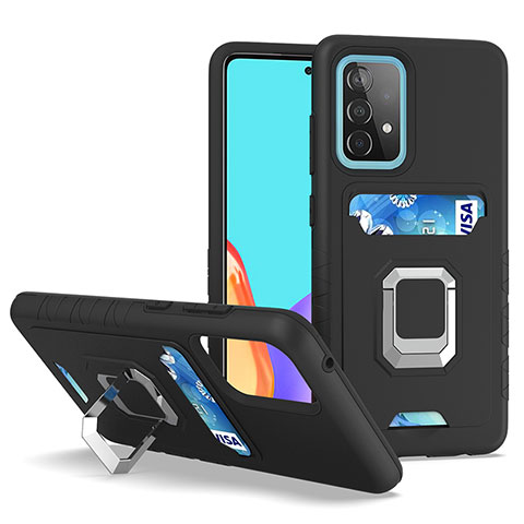 Silikon Hülle Handyhülle und Kunststoff Schutzhülle Hartschalen Tasche mit Magnetisch Fingerring Ständer J03S für Samsung Galaxy A52s 5G Schwarz