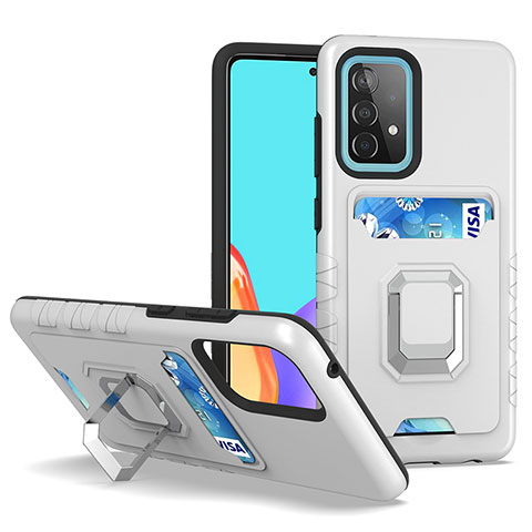 Silikon Hülle Handyhülle und Kunststoff Schutzhülle Hartschalen Tasche mit Magnetisch Fingerring Ständer J03S für Samsung Galaxy A52s 5G Silber