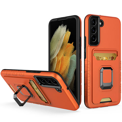 Silikon Hülle Handyhülle und Kunststoff Schutzhülle Hartschalen Tasche mit Magnetisch Fingerring Ständer J03S für Samsung Galaxy S22 5G Orange