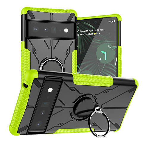 Silikon Hülle Handyhülle und Kunststoff Schutzhülle Hartschalen Tasche mit Magnetisch Fingerring Ständer JX1 für Google Pixel 6 Pro 5G Grün