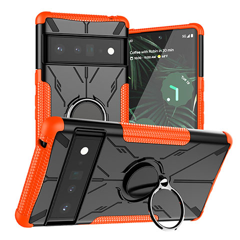 Silikon Hülle Handyhülle und Kunststoff Schutzhülle Hartschalen Tasche mit Magnetisch Fingerring Ständer JX1 für Google Pixel 6 Pro 5G Orange