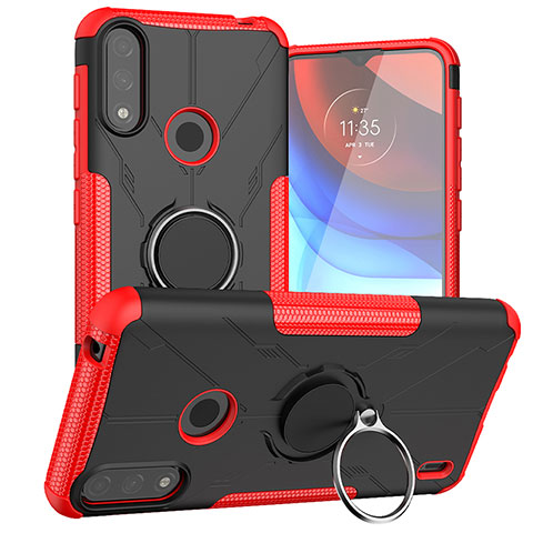 Silikon Hülle Handyhülle und Kunststoff Schutzhülle Hartschalen Tasche mit Magnetisch Fingerring Ständer JX1 für Motorola Moto E7 Power Rot