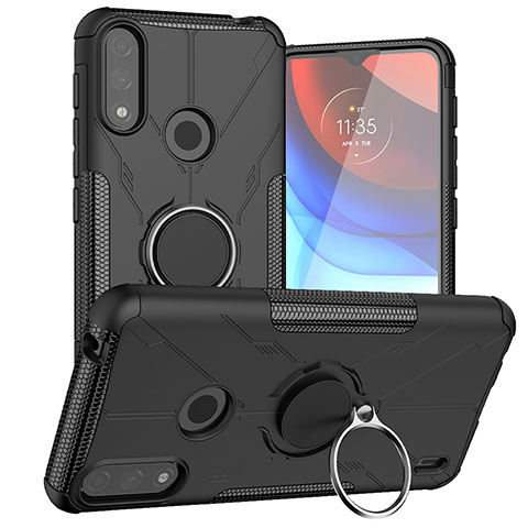 Silikon Hülle Handyhülle und Kunststoff Schutzhülle Hartschalen Tasche mit Magnetisch Fingerring Ständer JX1 für Motorola Moto E7 Power Schwarz