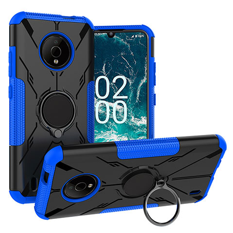 Silikon Hülle Handyhülle und Kunststoff Schutzhülle Hartschalen Tasche mit Magnetisch Fingerring Ständer JX1 für Nokia C200 Blau