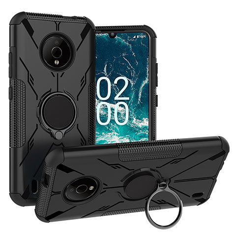 Silikon Hülle Handyhülle und Kunststoff Schutzhülle Hartschalen Tasche mit Magnetisch Fingerring Ständer JX1 für Nokia C200 Schwarz