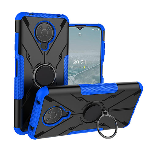 Silikon Hülle Handyhülle und Kunststoff Schutzhülle Hartschalen Tasche mit Magnetisch Fingerring Ständer JX1 für Nokia G10 Blau