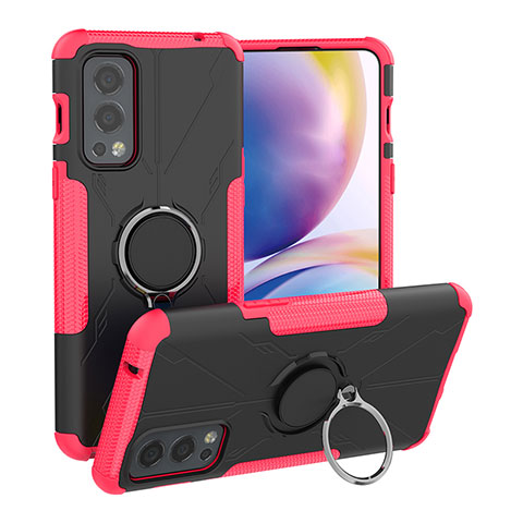 Silikon Hülle Handyhülle und Kunststoff Schutzhülle Hartschalen Tasche mit Magnetisch Fingerring Ständer JX1 für OnePlus Nord 2 5G Pink