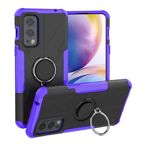 Silikon Hülle Handyhülle und Kunststoff Schutzhülle Hartschalen Tasche mit Magnetisch Fingerring Ständer JX1 für OnePlus Nord 2 5G Violett