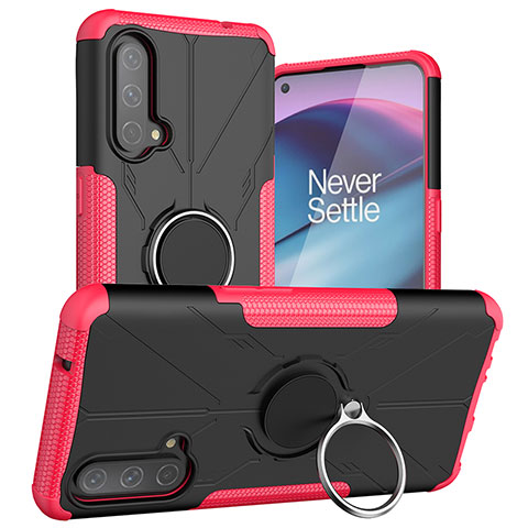 Silikon Hülle Handyhülle und Kunststoff Schutzhülle Hartschalen Tasche mit Magnetisch Fingerring Ständer JX1 für OnePlus Nord CE 5G Pink