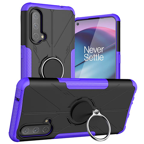 Silikon Hülle Handyhülle und Kunststoff Schutzhülle Hartschalen Tasche mit Magnetisch Fingerring Ständer JX1 für OnePlus Nord CE 5G Violett