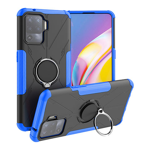 Silikon Hülle Handyhülle und Kunststoff Schutzhülle Hartschalen Tasche mit Magnetisch Fingerring Ständer JX1 für Oppo Reno5 Lite Blau