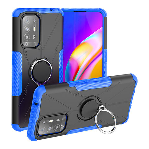 Silikon Hülle Handyhülle und Kunststoff Schutzhülle Hartschalen Tasche mit Magnetisch Fingerring Ständer JX1 für Oppo Reno5 Z 5G Blau