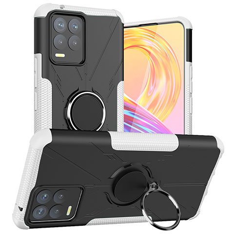 Silikon Hülle Handyhülle und Kunststoff Schutzhülle Hartschalen Tasche mit Magnetisch Fingerring Ständer JX1 für Realme 8 4G Silber