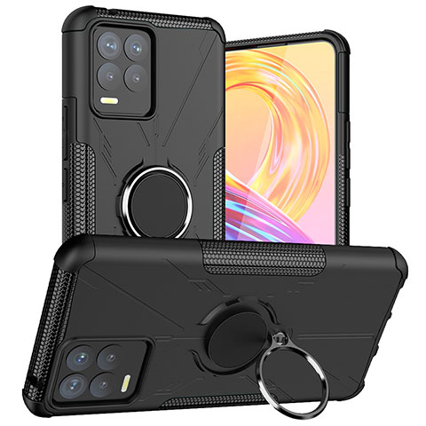 Silikon Hülle Handyhülle und Kunststoff Schutzhülle Hartschalen Tasche mit Magnetisch Fingerring Ständer JX1 für Realme 8 Pro Schwarz