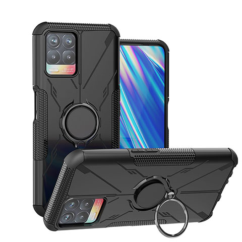 Silikon Hülle Handyhülle und Kunststoff Schutzhülle Hartschalen Tasche mit Magnetisch Fingerring Ständer JX1 für Realme 8i Schwarz