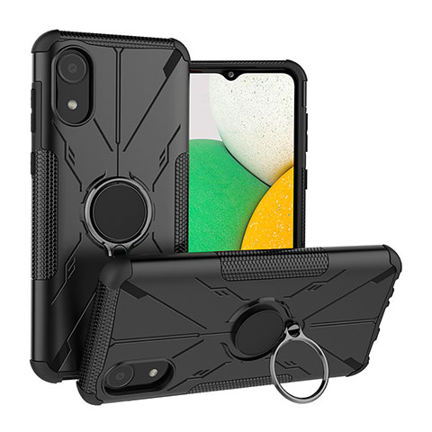 Silikon Hülle Handyhülle und Kunststoff Schutzhülle Hartschalen Tasche mit Magnetisch Fingerring Ständer JX1 für Samsung Galaxy A03 Core Schwarz