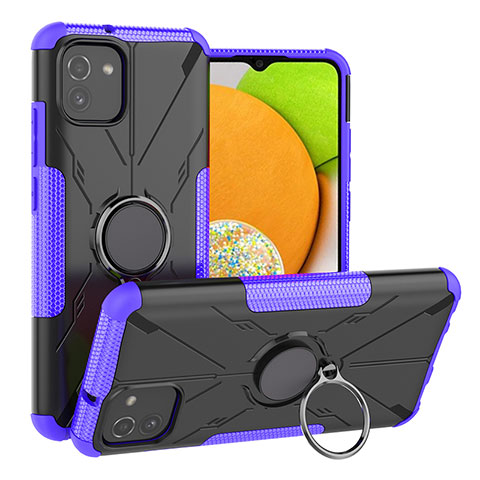 Silikon Hülle Handyhülle und Kunststoff Schutzhülle Hartschalen Tasche mit Magnetisch Fingerring Ständer JX1 für Samsung Galaxy A03 Violett