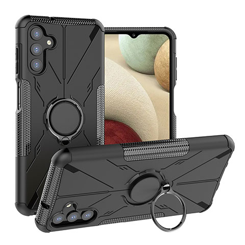 Silikon Hülle Handyhülle und Kunststoff Schutzhülle Hartschalen Tasche mit Magnetisch Fingerring Ständer JX1 für Samsung Galaxy A04s Schwarz