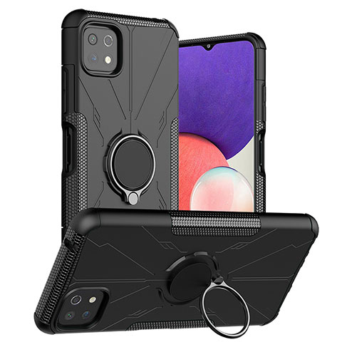 Silikon Hülle Handyhülle und Kunststoff Schutzhülle Hartschalen Tasche mit Magnetisch Fingerring Ständer JX1 für Samsung Galaxy A22 5G Schwarz