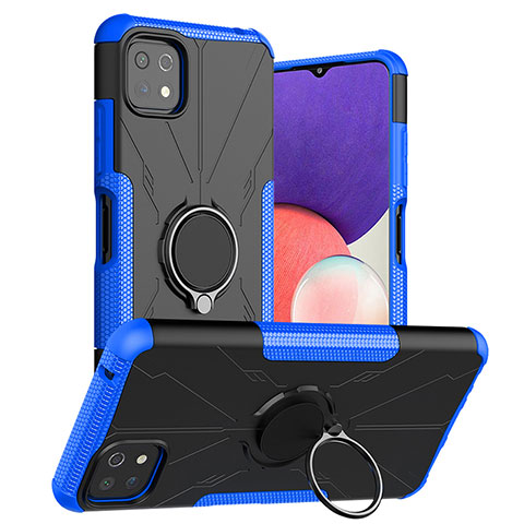 Silikon Hülle Handyhülle und Kunststoff Schutzhülle Hartschalen Tasche mit Magnetisch Fingerring Ständer JX1 für Samsung Galaxy A22s 5G Blau