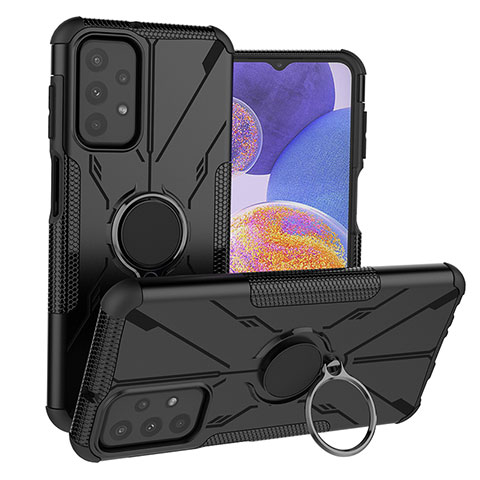 Silikon Hülle Handyhülle und Kunststoff Schutzhülle Hartschalen Tasche mit Magnetisch Fingerring Ständer JX1 für Samsung Galaxy A23 4G Schwarz