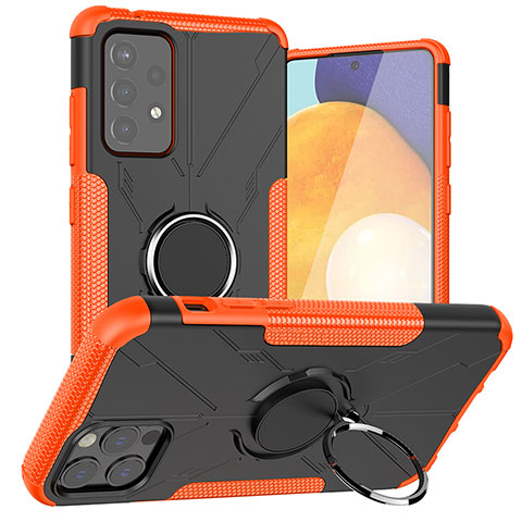 Silikon Hülle Handyhülle und Kunststoff Schutzhülle Hartschalen Tasche mit Magnetisch Fingerring Ständer JX1 für Samsung Galaxy A72 4G Orange