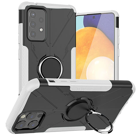 Silikon Hülle Handyhülle und Kunststoff Schutzhülle Hartschalen Tasche mit Magnetisch Fingerring Ständer JX1 für Samsung Galaxy A72 5G Weiß