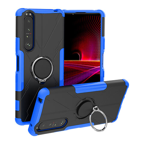 Silikon Hülle Handyhülle und Kunststoff Schutzhülle Hartschalen Tasche mit Magnetisch Fingerring Ständer JX1 für Sony Xperia 1 III Blau