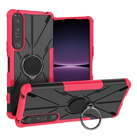 Silikon Hülle Handyhülle und Kunststoff Schutzhülle Hartschalen Tasche mit Magnetisch Fingerring Ständer JX1 für Sony Xperia 1 IV Pink