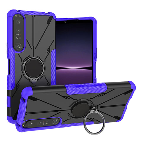 Silikon Hülle Handyhülle und Kunststoff Schutzhülle Hartschalen Tasche mit Magnetisch Fingerring Ständer JX1 für Sony Xperia 1 IV SO-51C Violett