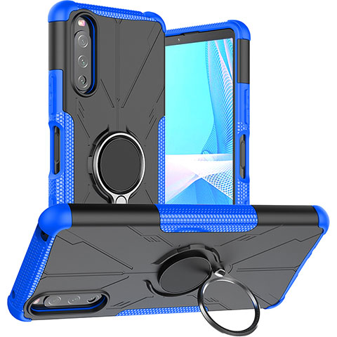 Silikon Hülle Handyhülle und Kunststoff Schutzhülle Hartschalen Tasche mit Magnetisch Fingerring Ständer JX1 für Sony Xperia 10 III Blau