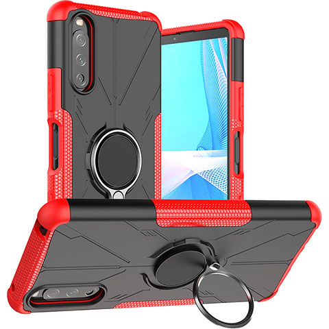 Silikon Hülle Handyhülle und Kunststoff Schutzhülle Hartschalen Tasche mit Magnetisch Fingerring Ständer JX1 für Sony Xperia 10 III Lite Rot