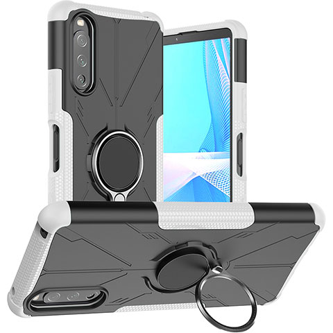 Silikon Hülle Handyhülle und Kunststoff Schutzhülle Hartschalen Tasche mit Magnetisch Fingerring Ständer JX1 für Sony Xperia 10 III Lite Silber