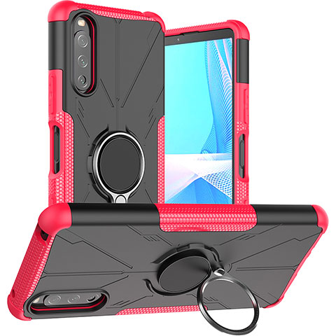 Silikon Hülle Handyhülle und Kunststoff Schutzhülle Hartschalen Tasche mit Magnetisch Fingerring Ständer JX1 für Sony Xperia 10 III SOG04 Pink