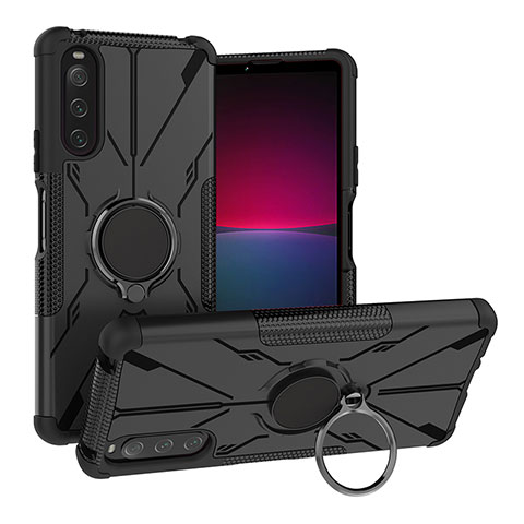 Silikon Hülle Handyhülle und Kunststoff Schutzhülle Hartschalen Tasche mit Magnetisch Fingerring Ständer JX1 für Sony Xperia 10 IV Schwarz