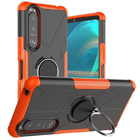 Silikon Hülle Handyhülle und Kunststoff Schutzhülle Hartschalen Tasche mit Magnetisch Fingerring Ständer JX1 für Sony Xperia 5 III Orange