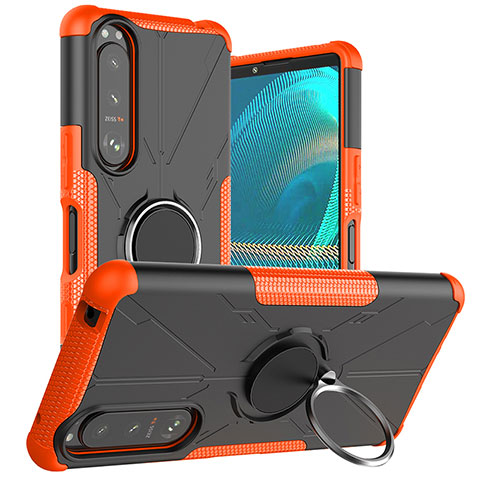 Silikon Hülle Handyhülle und Kunststoff Schutzhülle Hartschalen Tasche mit Magnetisch Fingerring Ständer JX1 für Sony Xperia 5 III SO-53B Orange