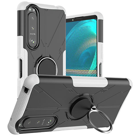 Silikon Hülle Handyhülle und Kunststoff Schutzhülle Hartschalen Tasche mit Magnetisch Fingerring Ständer JX1 für Sony Xperia 5 III SO-53B Silber