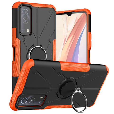 Silikon Hülle Handyhülle und Kunststoff Schutzhülle Hartschalen Tasche mit Magnetisch Fingerring Ständer JX1 für Vivo Y75s 5G Orange