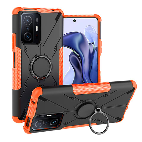 Silikon Hülle Handyhülle und Kunststoff Schutzhülle Hartschalen Tasche mit Magnetisch Fingerring Ständer JX1 für Xiaomi Mi 11T Pro 5G Orange