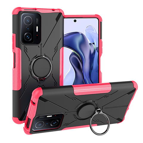 Silikon Hülle Handyhülle und Kunststoff Schutzhülle Hartschalen Tasche mit Magnetisch Fingerring Ständer JX1 für Xiaomi Mi 11T Pro 5G Pink