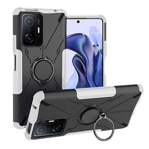 Silikon Hülle Handyhülle und Kunststoff Schutzhülle Hartschalen Tasche mit Magnetisch Fingerring Ständer JX1 für Xiaomi Mi 11T Pro 5G Silber